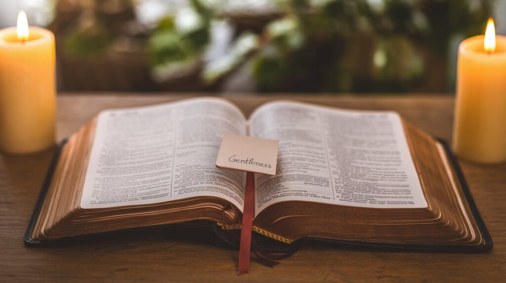 A wooden table adorned with a Bible and candles, embodying the Essence of Gentleness in a serene setting.