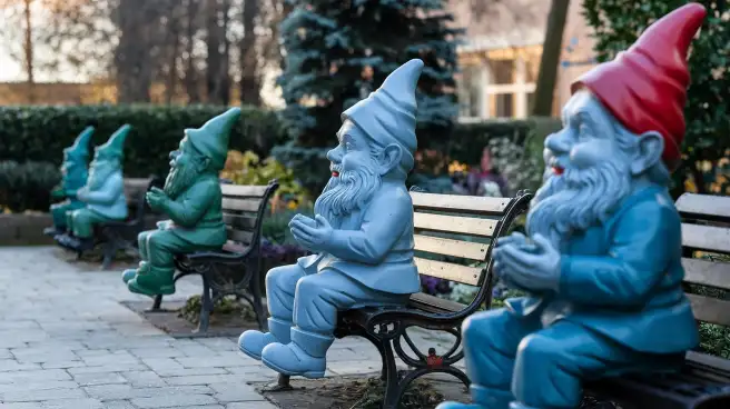 A row of gnomes sitting on a bench, illustrating the historical context and origins of garden folklore and decoration.
