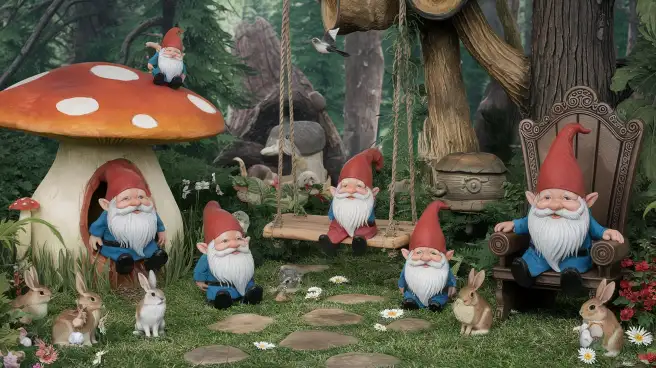 A group of gnomes in a garden, featuring a mushroom and a tree, embodying the theme "Beyond the Garden Gnome.