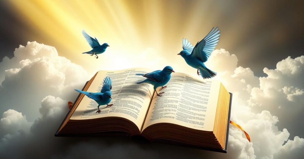 An open Bible is graced by bluebirds, embodying the Holy Spirit, as they fly above, illustrating spiritual enlightenment.