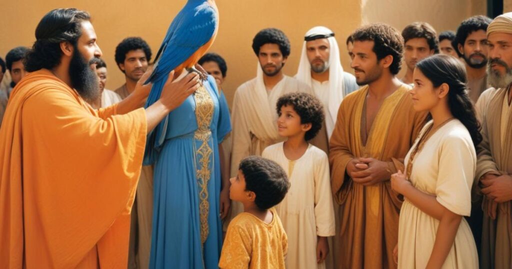 A man is encircled by a group in traditional garments, showcasing cultural unity, with a focus on Bluebirds in Christian.