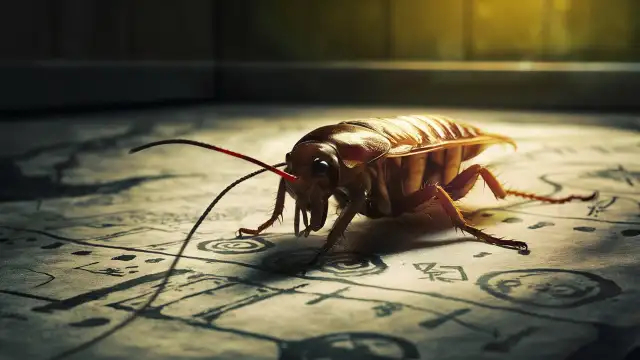 A cockroach on a map, symbolizing the theme of "Decoding Your Cockroach Dream" with a detailed map in the background.