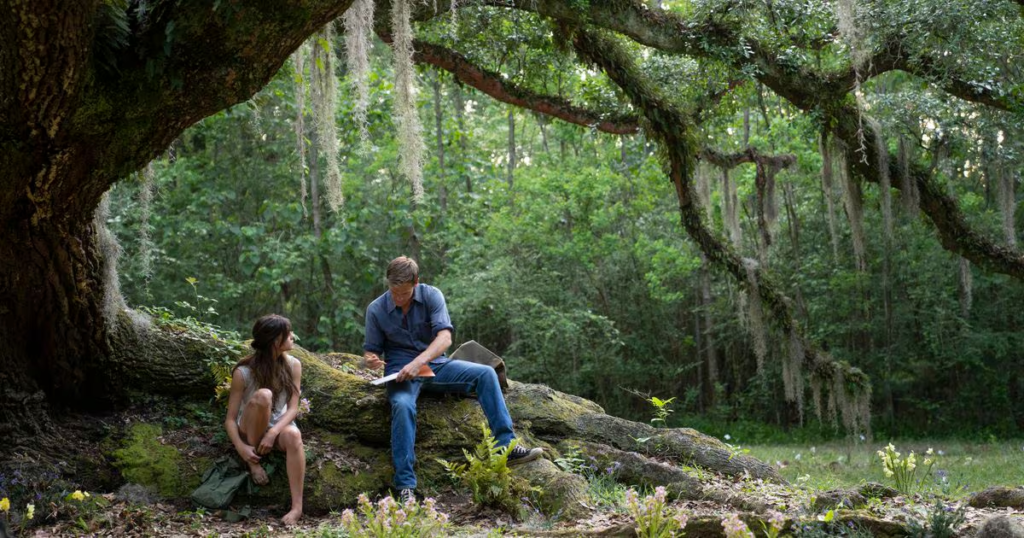 A man and woman sitting on a log in the woods, embodying the phrase, "Let’s dig a little deeper into each step.