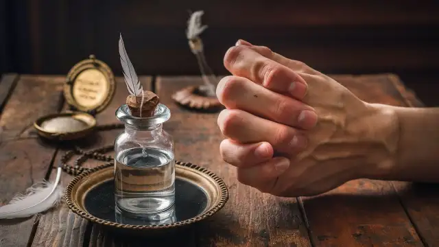 A person's hands hold a water bottle and a feather, symbolizing the theme of exploring different cultural and religious beliefs.