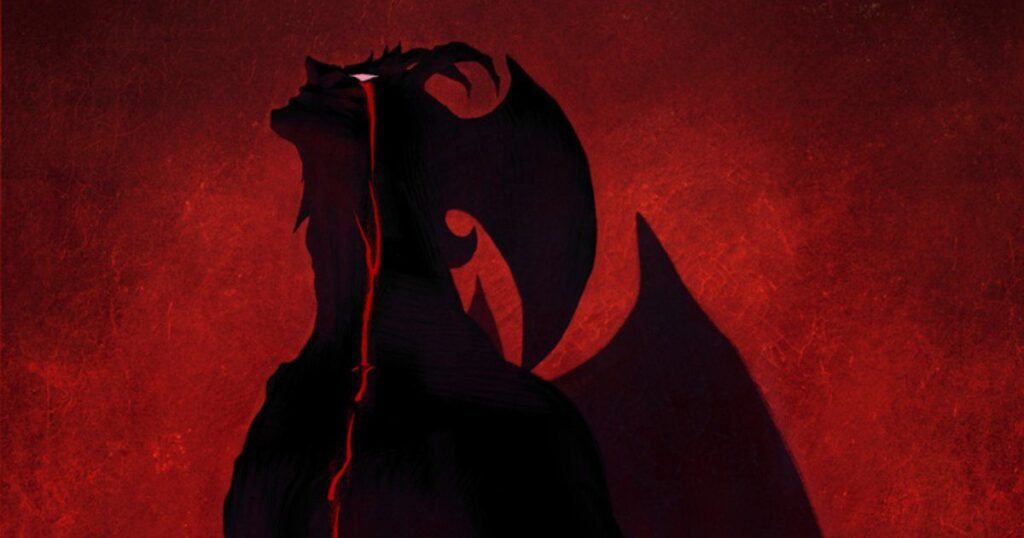 A black dragon with red eyes against a red background, embodying themes from "The Devil and Demons.