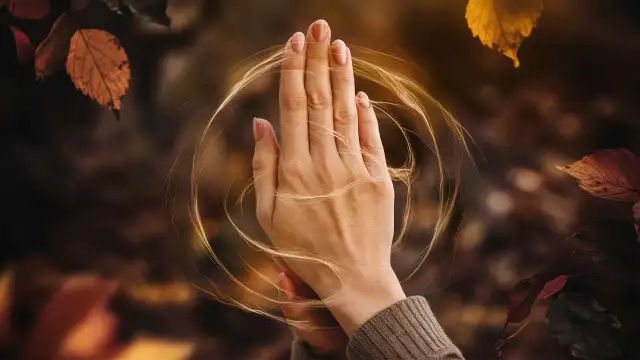 A woman's hand raised, encircled by leaves, symbolizing "The Spiritual Significance of an Itchy Right-Hand.